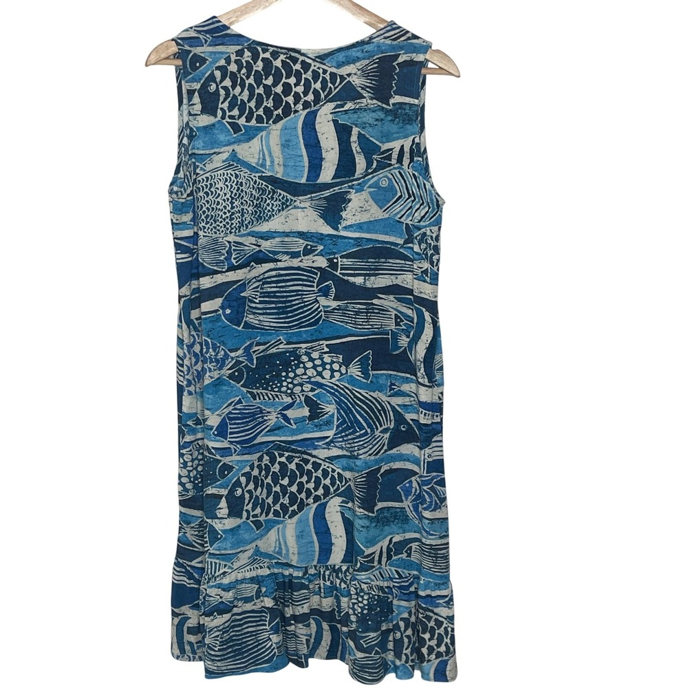 Jams World Womens Blue Fish Batik Print V-Neck Ruffle Hem Shift Dress Sleeveless - Picture 2 of 10